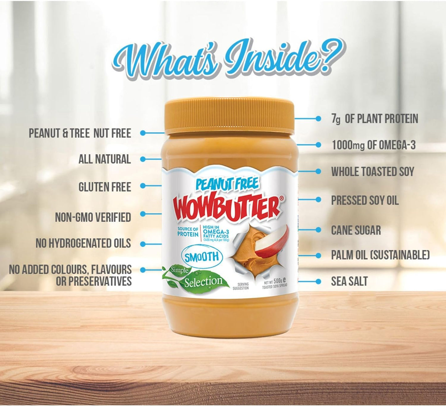 WOWBUTTER Smooth Toasted Soya Spread - Tastes Like Peanut Butter - Nut-Free, Vegan, Gluten Free, Halal & Kosher, Protein Spread - 7g Plant Protein, 1000mg Omega-3 per Serving, All-Natural (1)