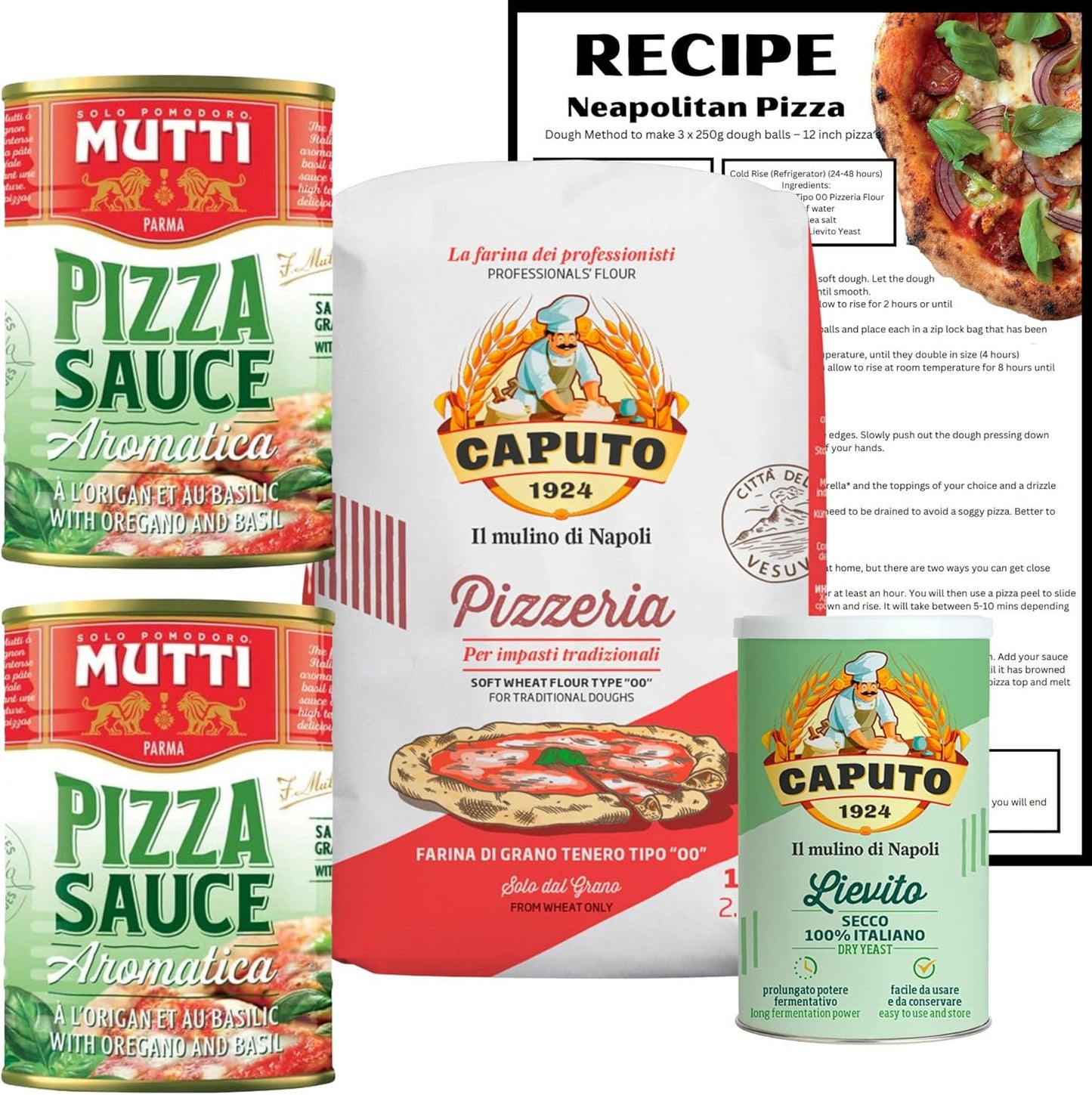 BUB Pizza Making Kit Gift Pack: Make Authentic Neapolitan Pizza Dough at Home - Includes Caputo 00 Flour Caputo Yeast Mutti Pizza Sauce & an Easy to Follow Recipe - 5 Item Pizza Kit