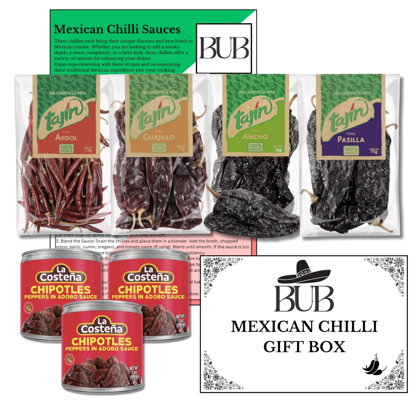 BUB Mexican Dried Chillies & Spice Gift Set – Tajín Pasilla, Guajillo, Arbol, Ancho Chillies, Chamoy & Classico Tajin Seasoning – Perfect for Mexican Cooking, Drinks & Desserts – With Recipe Guide (6)