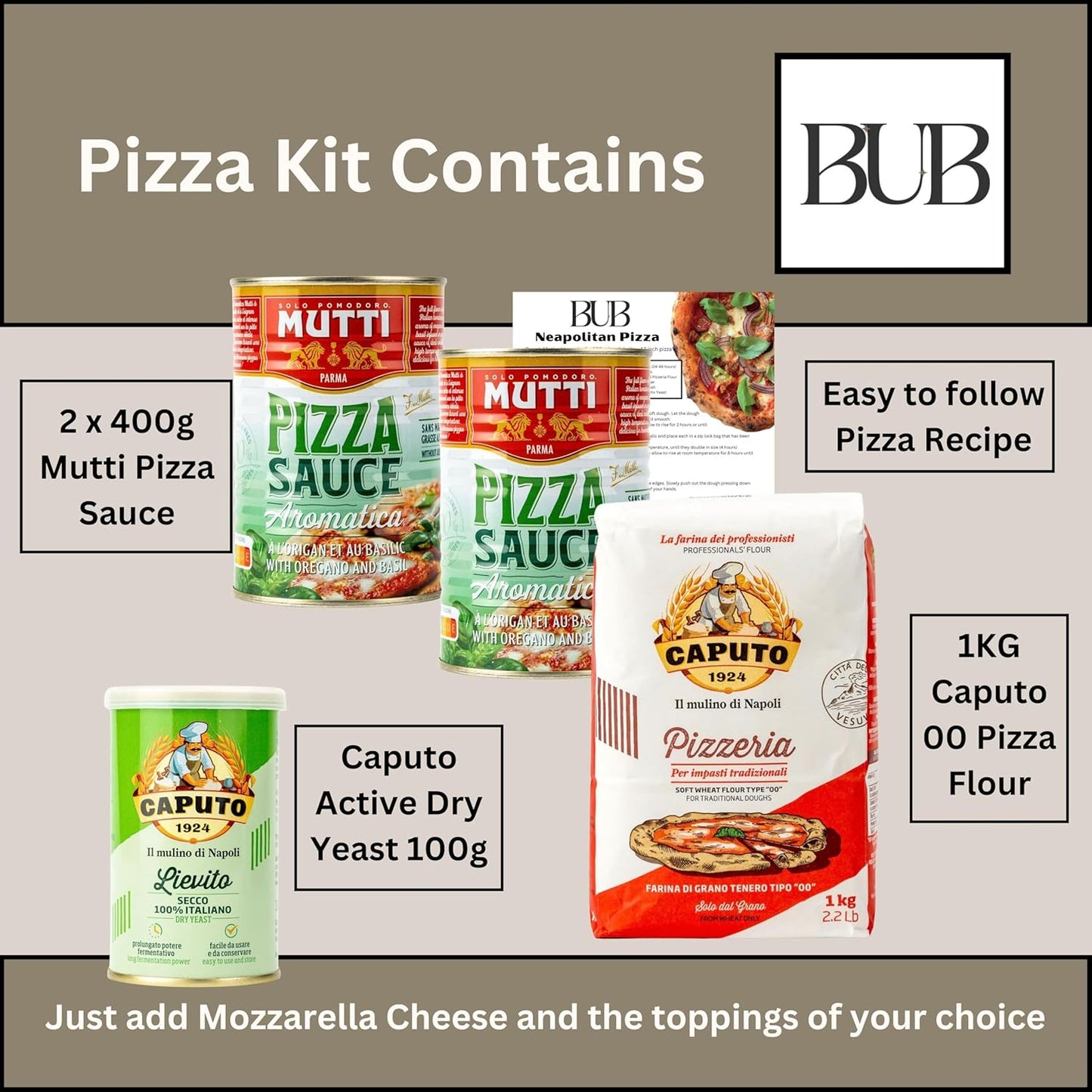 BUB Pizza Making Kit Gift Pack: Make Authentic Neapolitan Pizza Dough at Home - Includes Caputo 00 Flour Caputo Yeast Mutti Pizza Sauce & an Easy to Follow Recipe - 5 Item Pizza Kit