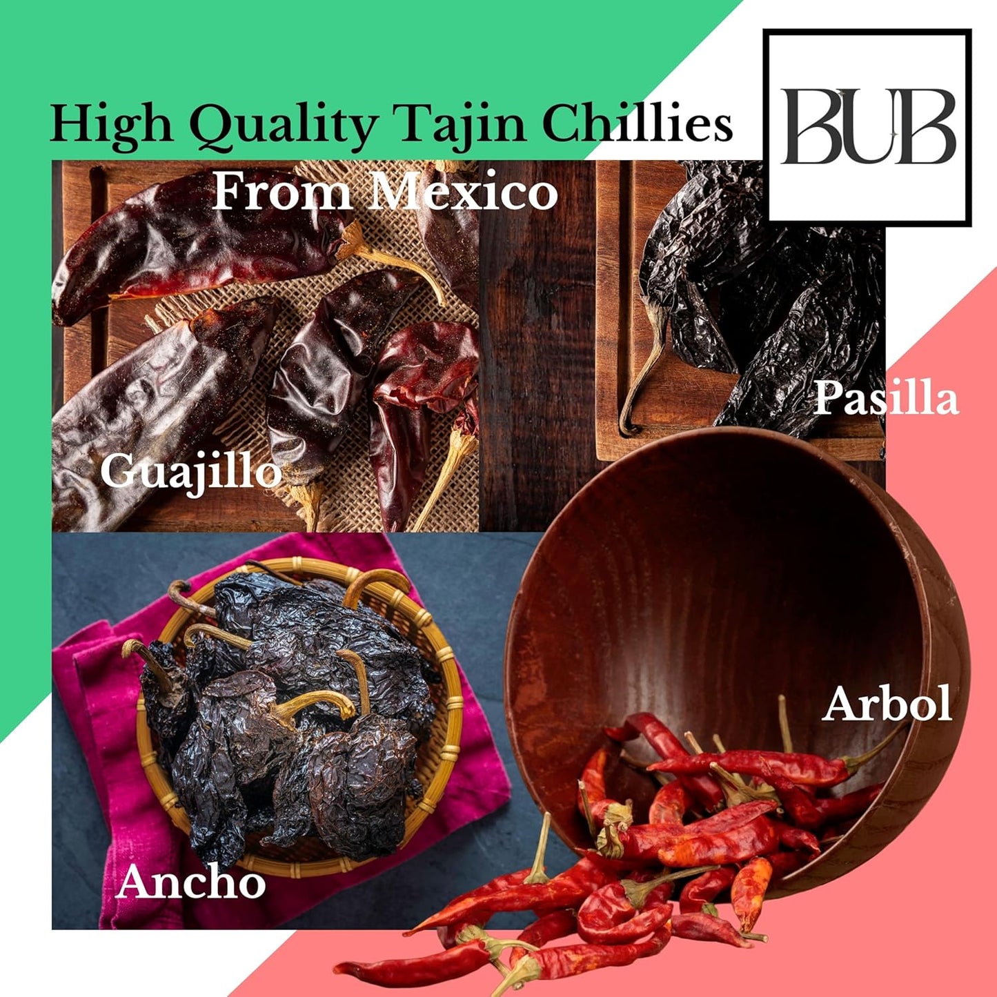 BUB Mexican Dried Chillies & Spice Gift Set – Tajín Pasilla, Guajillo, Arbol, Ancho Chillies, Chamoy & Classico Tajin Seasoning – Perfect for Mexican Cooking, Drinks & Desserts – With Recipe Guide (6)