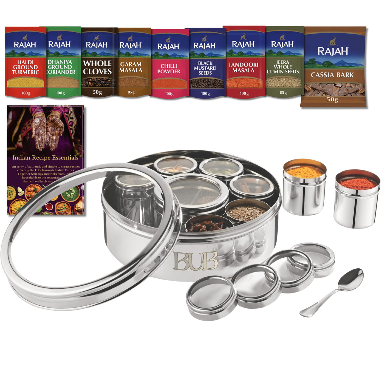 Masala Dabba Gift Set 22cm | Indian Spice Tin with Rajah Spices & Recipe Book - BUB BRANDS