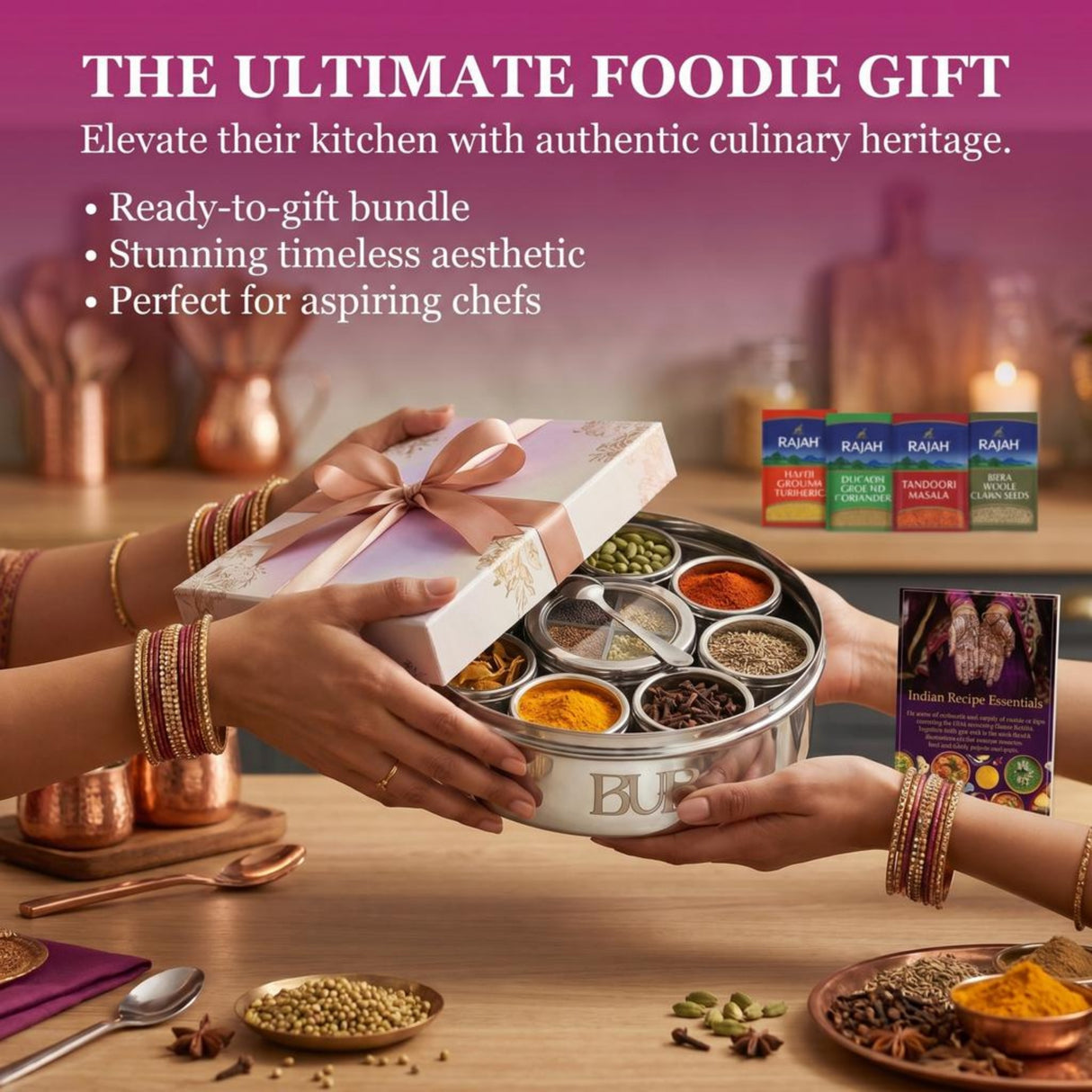Masala Dabba Gift Set 22cm | Indian Spice Tin with Rajah Spices & Recipe Book - BUB BRANDS