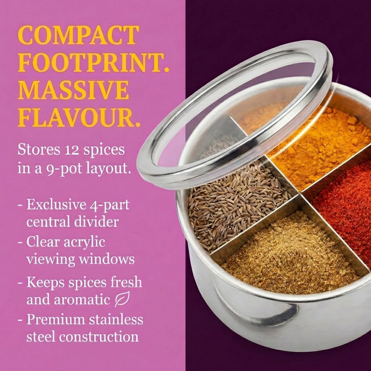 Masala Dabba Gift Set 22cm | Indian Spice Tin with Rajah Spices & Recipe Book - BUB BRANDS