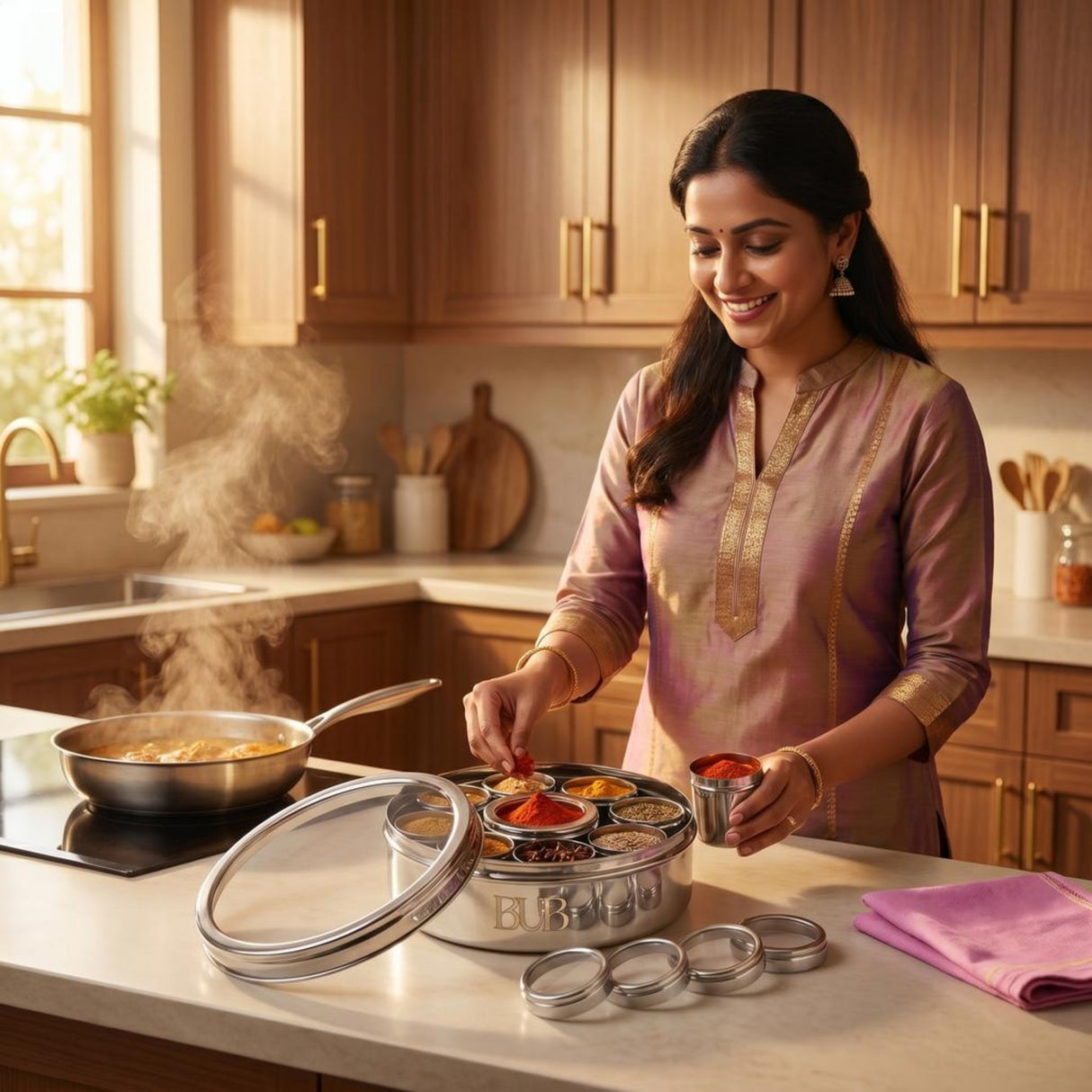 BUB Premium Masala Dabba 22cm | Stainless Steel Indian Spice Tin with 9 Pots, Airtight Lids & Spoon