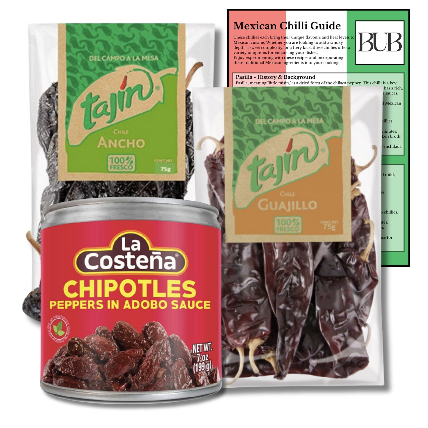 BUB Mexican Dried Chillies 3 Pack: Tajin Ancho, Guajillo & La Costena Chipotle in Adobo + Recipe Guide