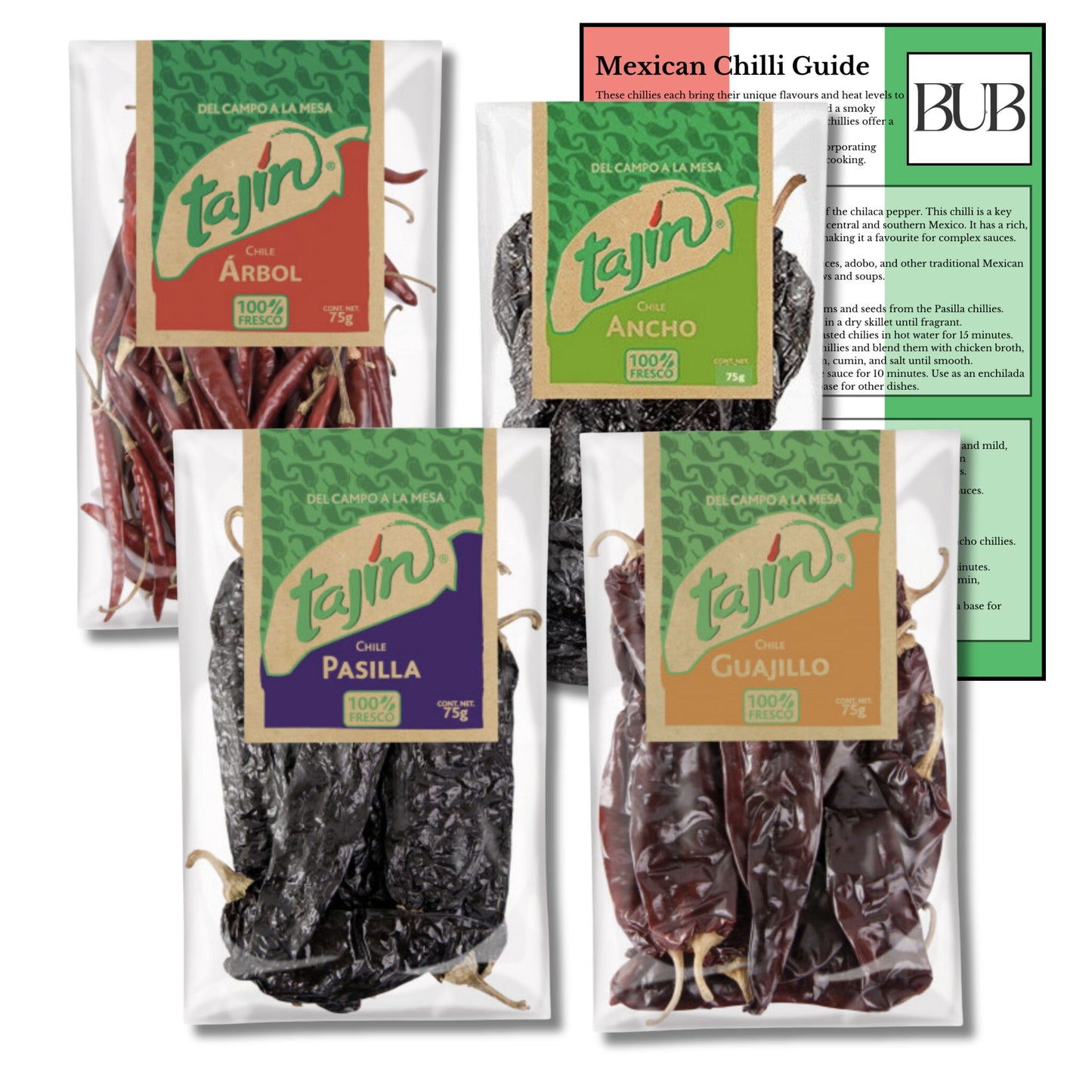 BUB Mexican Dried Chillies 4 Pack: Tajin Ancho, Guajillo, Passila & Arbol Chillies+ Recipe Guide
