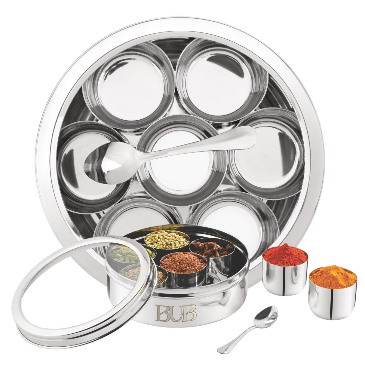 BUB Masala Dabba 18.5cm | Stainless Steel Indian Spice Tin with 7 Pots, Clear Lid & Spoon
