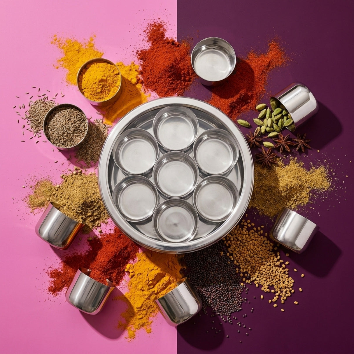 BUB Masala Dabba 18.5cm | Stainless Steel Indian Spice Tin with 7 Pots, Clear Lid & Spoon