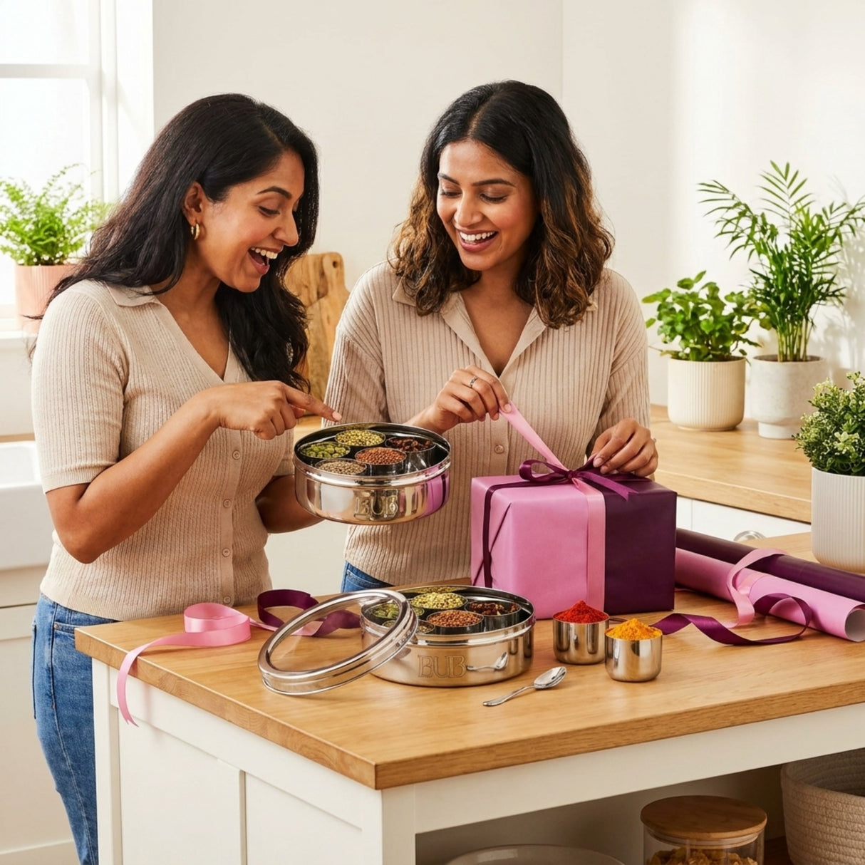 BUB Masala Dabba 18.5cm | Stainless Steel Indian Spice Tin with 7 Pots, Clear Lid & Spoon