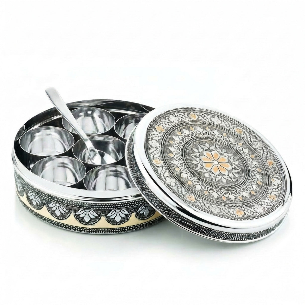 BUB Designer Masala Dabba 18.5cm | Handmade Meenakari Stainless Steel Indian Spice Tin with 7 Pots & Spoon