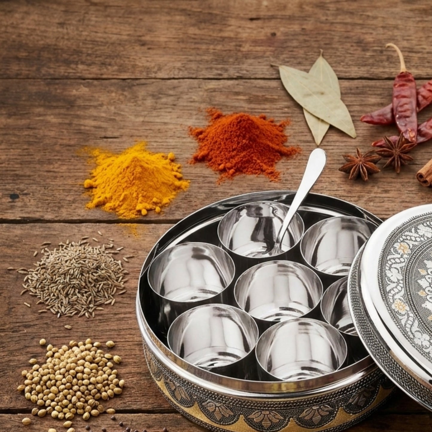 BUB Designer Masala Dabba 18.5cm | Handmade Meenakari Stainless Steel Indian Spice Tin with 7 Pots & Spoon