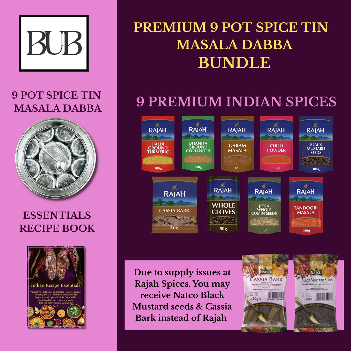 Masala Dabba Gift Set 22cm | Indian Spice Tin with Rajah Spices & Recipe Book