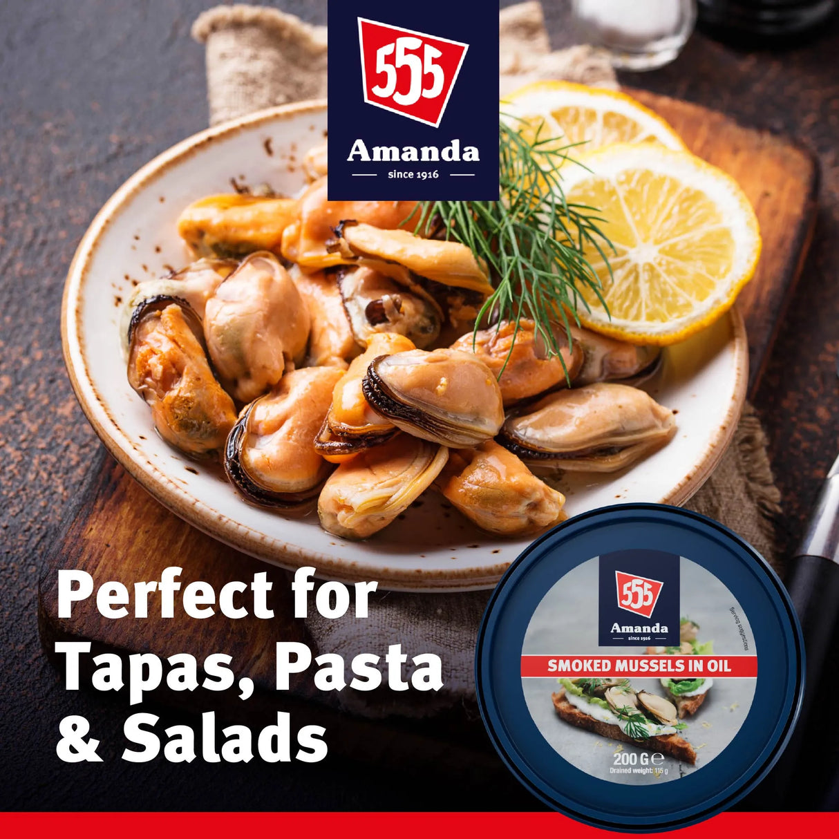 Amanda 555 smoked mussels for tapas pasta and salads