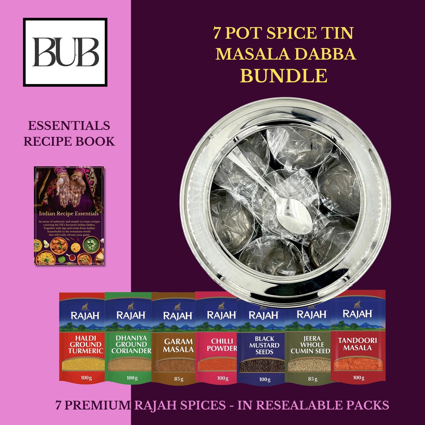 BUB 18.5cm Premium Stainless Steel Masala Dabba Spice Tin — Organise Up to 12 Spices with Airtight Lids