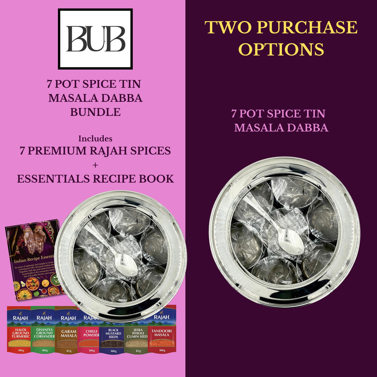 Masala Dabba Gift Set 18.5cm | Indian Spice Tin with Rajah Spices & Recipe Book