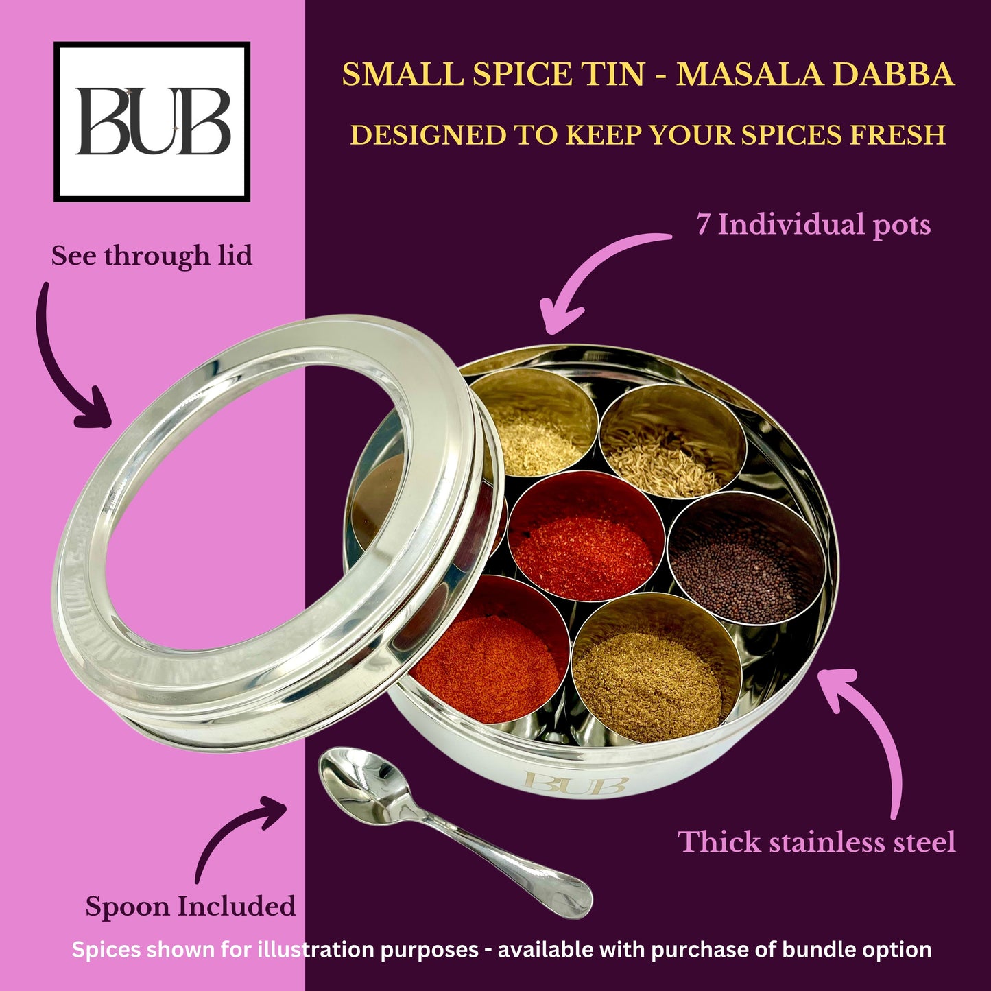 BUB 18.5cm Premium Stainless Steel Masala Dabba Spice Tin — Organise Up to 12 Spices with Airtight Lids