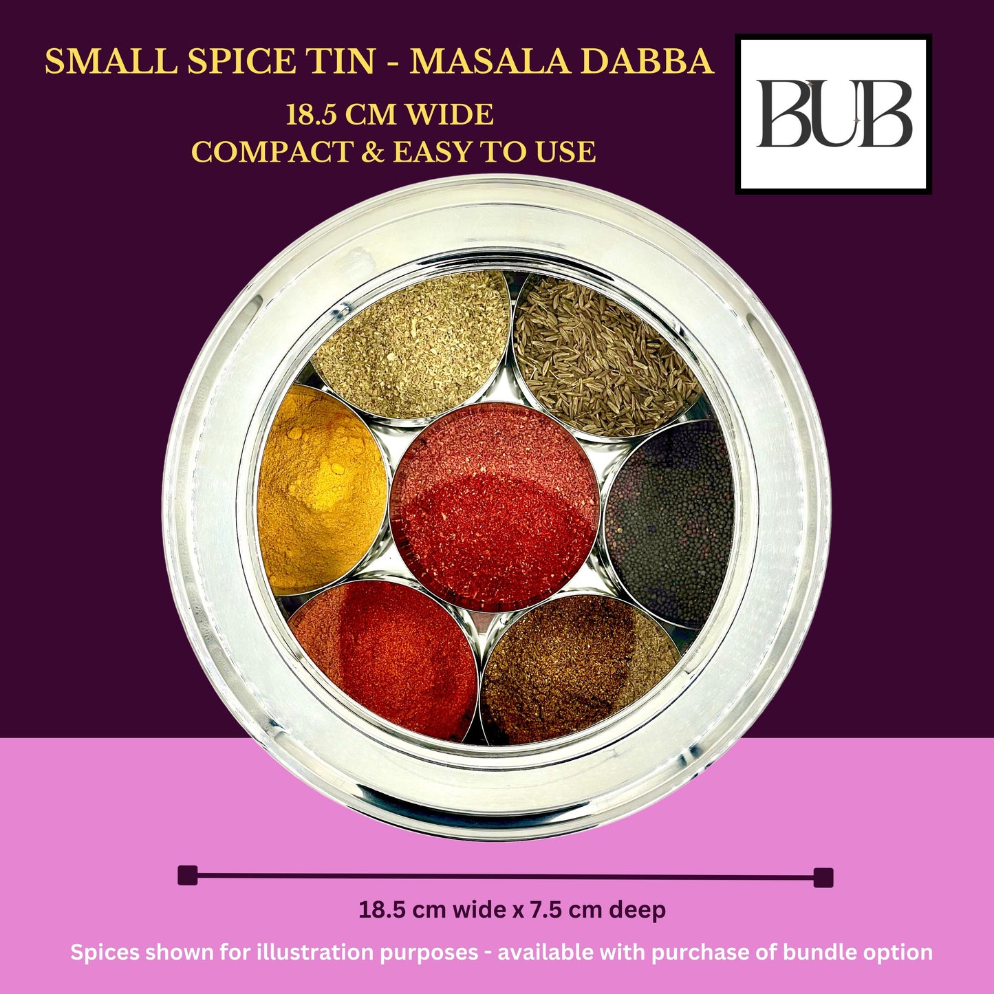 BUB 18.5cm Premium Stainless Steel Masala Dabba Spice Tin — Organise Up to 12 Spices with Airtight Lids