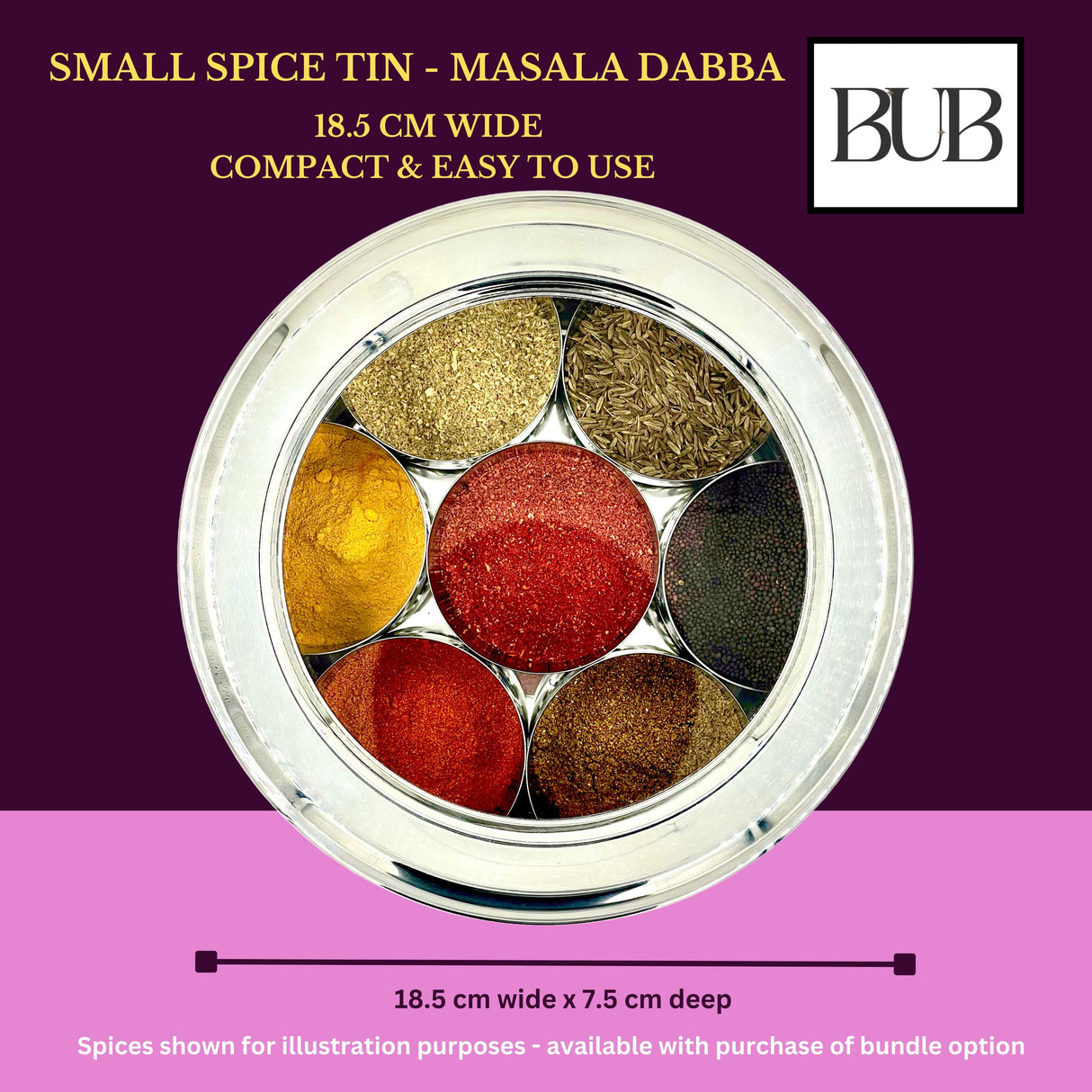Masala Dabba Gift Set 18.5cm | Indian Spice Tin with Rajah Spices & Recipe Book