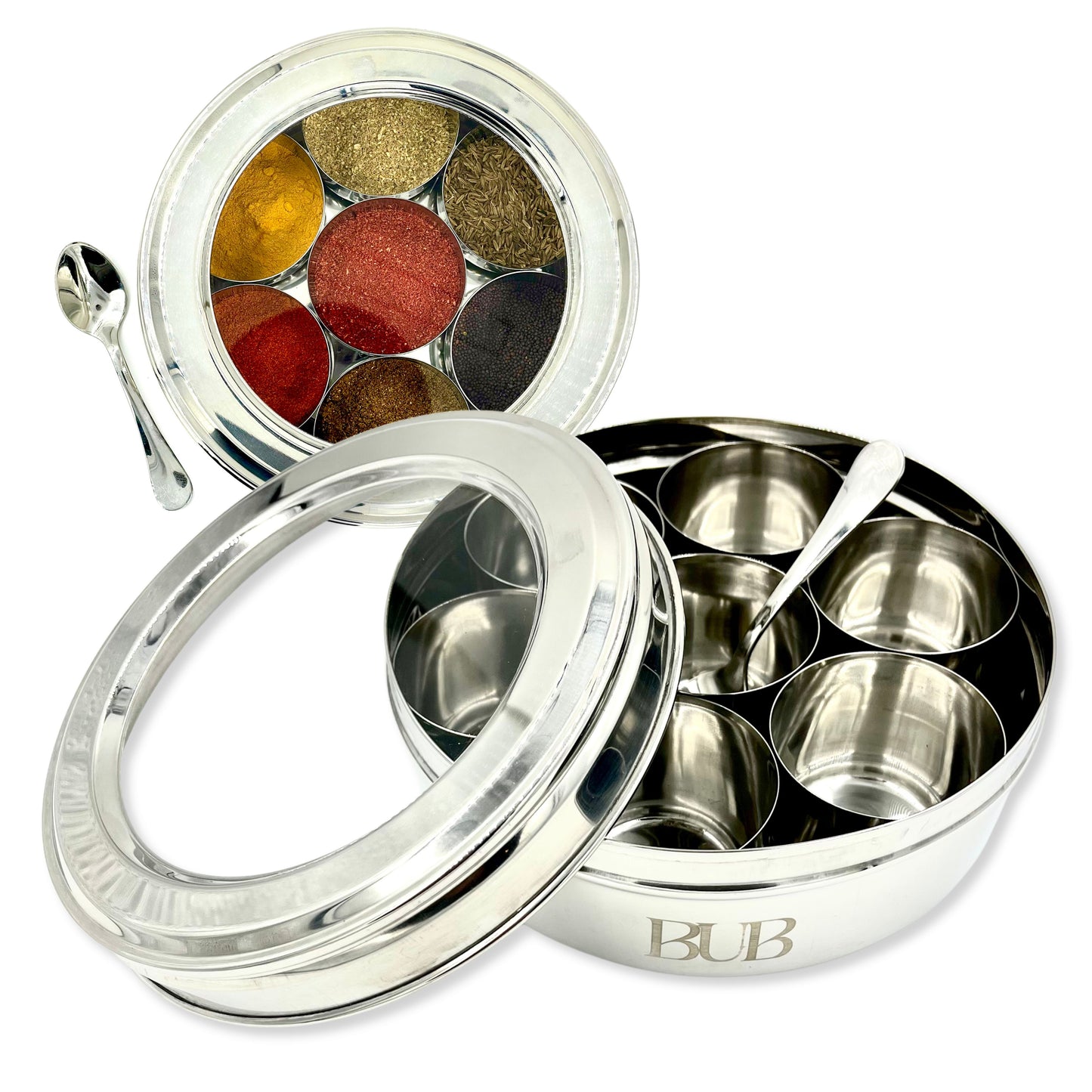 BUB 18.5cm Premium Stainless Steel Masala Dabba Spice Tin — Organise Up to 12 Spices with Airtight Lids