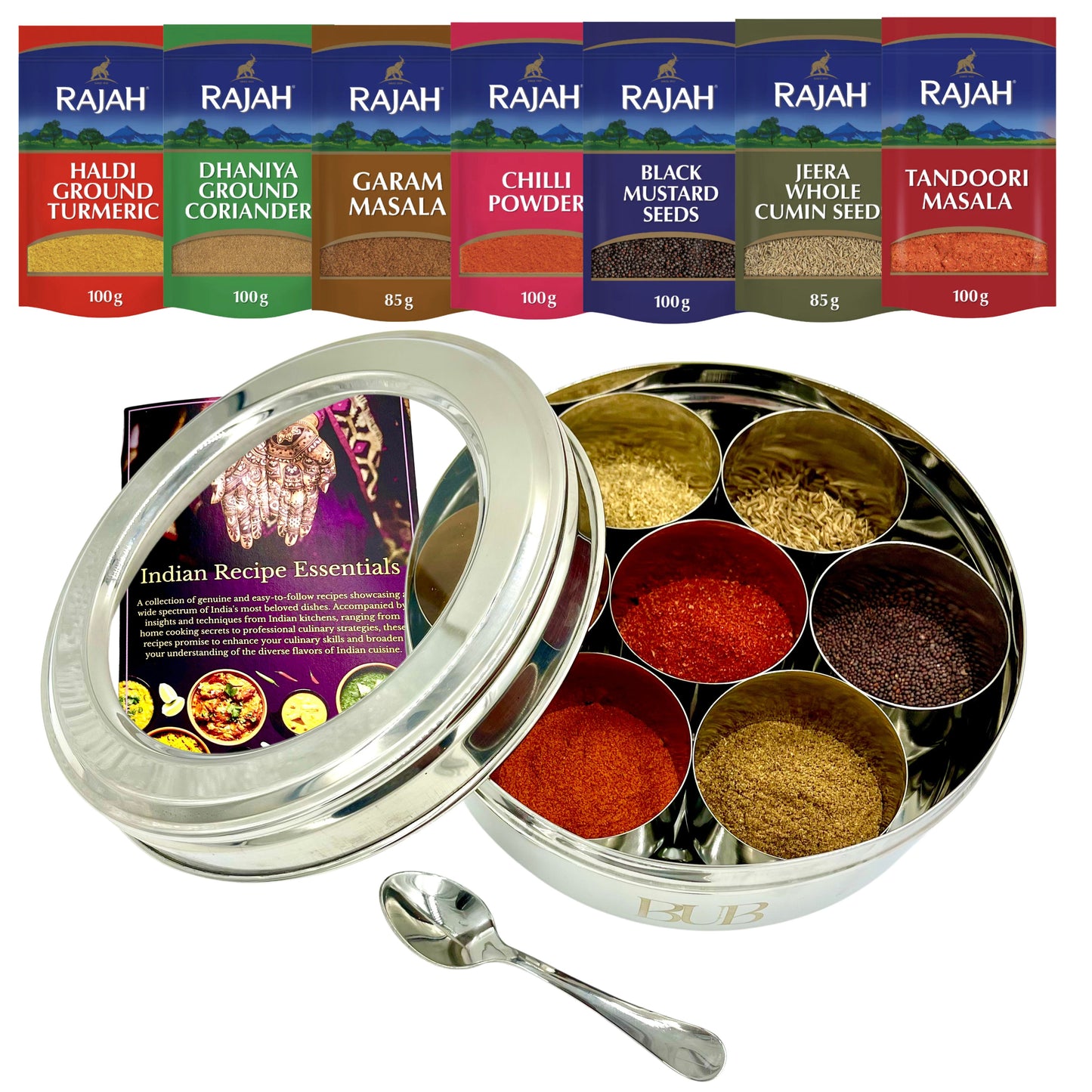 BUB 18.5cm Premium Stainless Steel Masala Dabba Spice Tin — Complete Indian Spice Box with Rajah Spices & Recipe Book