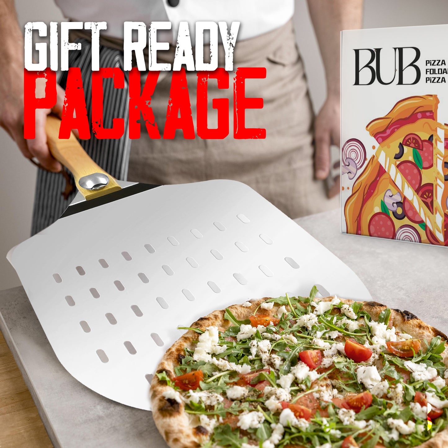 12 Inch Perforated Aluminium Pizza Peel — Foldable Wooden Handle for Home & Pizza Ovens