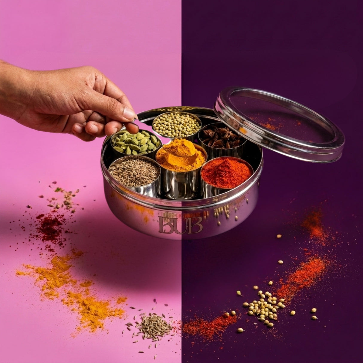 BUB Masala Dabba 18.5cm | Stainless Steel Indian Spice Tin with 7 Pots, Clear Lid & Spoon