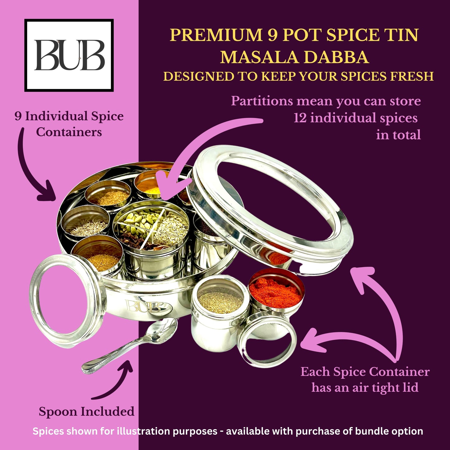 BUB 22cm Premium Stainless Steel Masala Dabba Spice Tin — Complete Indian Spice Box with Rajah Spices & Recipe Book