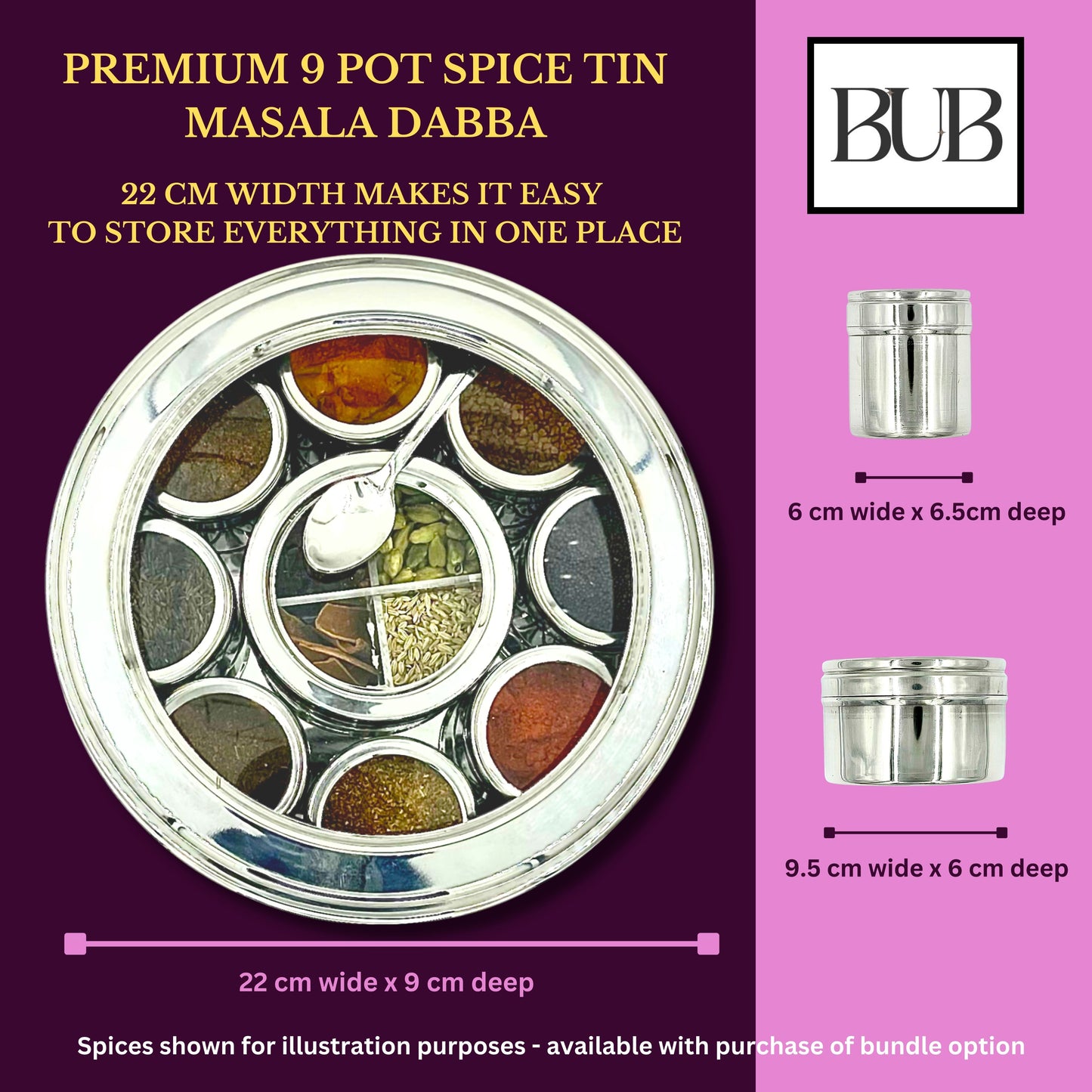 BUB 22cm Premium Stainless Steel Masala Dabba Spice Tin — Complete Indian Spice Box with Rajah Spices & Recipe Book