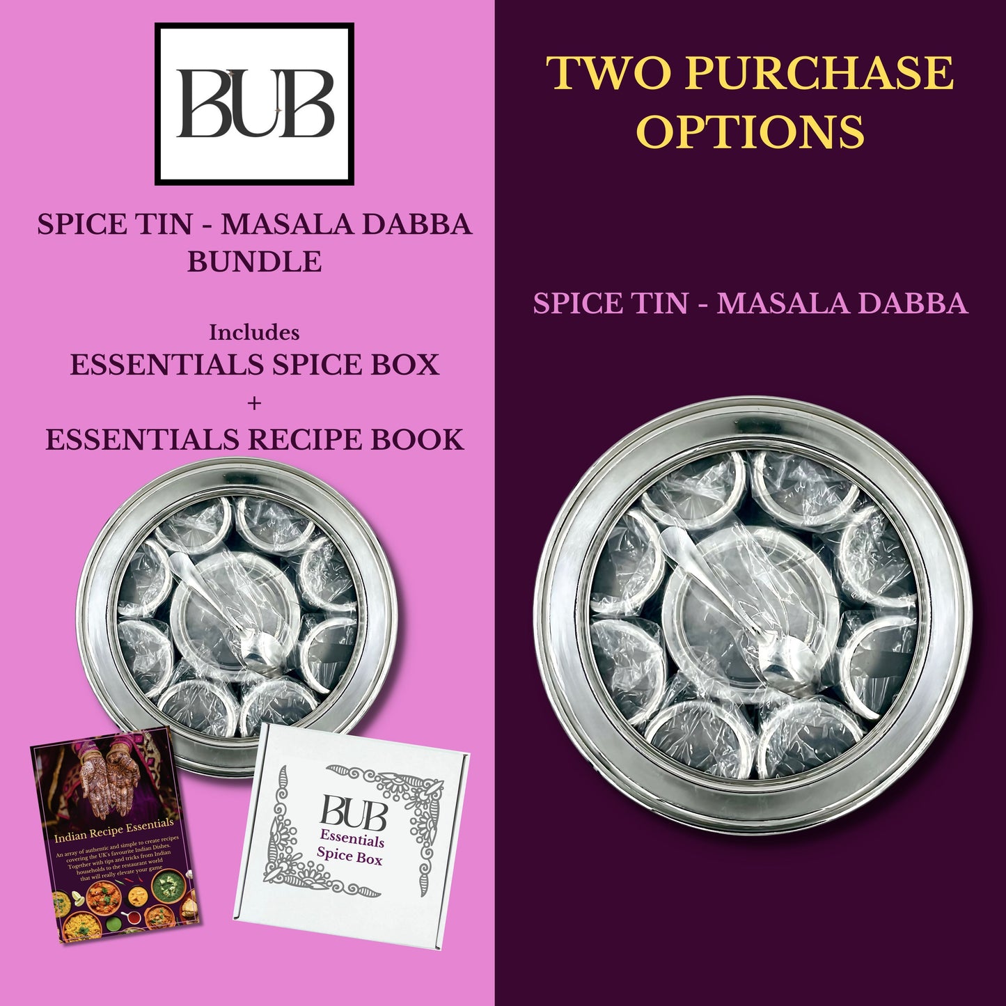 BUB 22cm Premium Stainless Steel Masala Dabba Spice Tin — Complete Indian Spice Box with Rajah Spices & Recipe Book