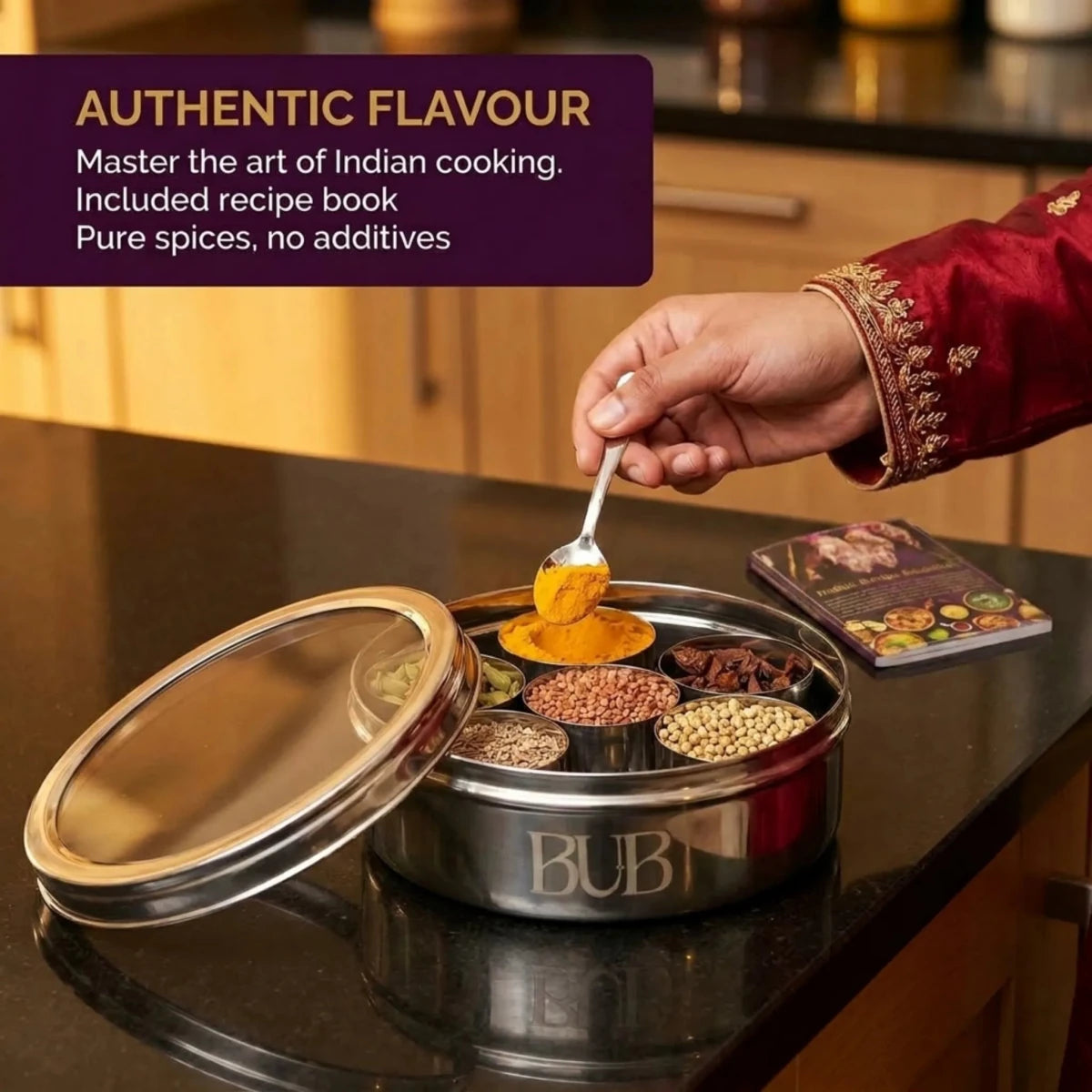 BUB 18.5cm Masala Dabba Spice Tin with Rajah SpicesA premium 18.5cm stainless steel masala dabba with Rajah spices and a BUB recipe book — a complete Indian spice tin gift set for curry lovers and home cooks - BUB BRANDS