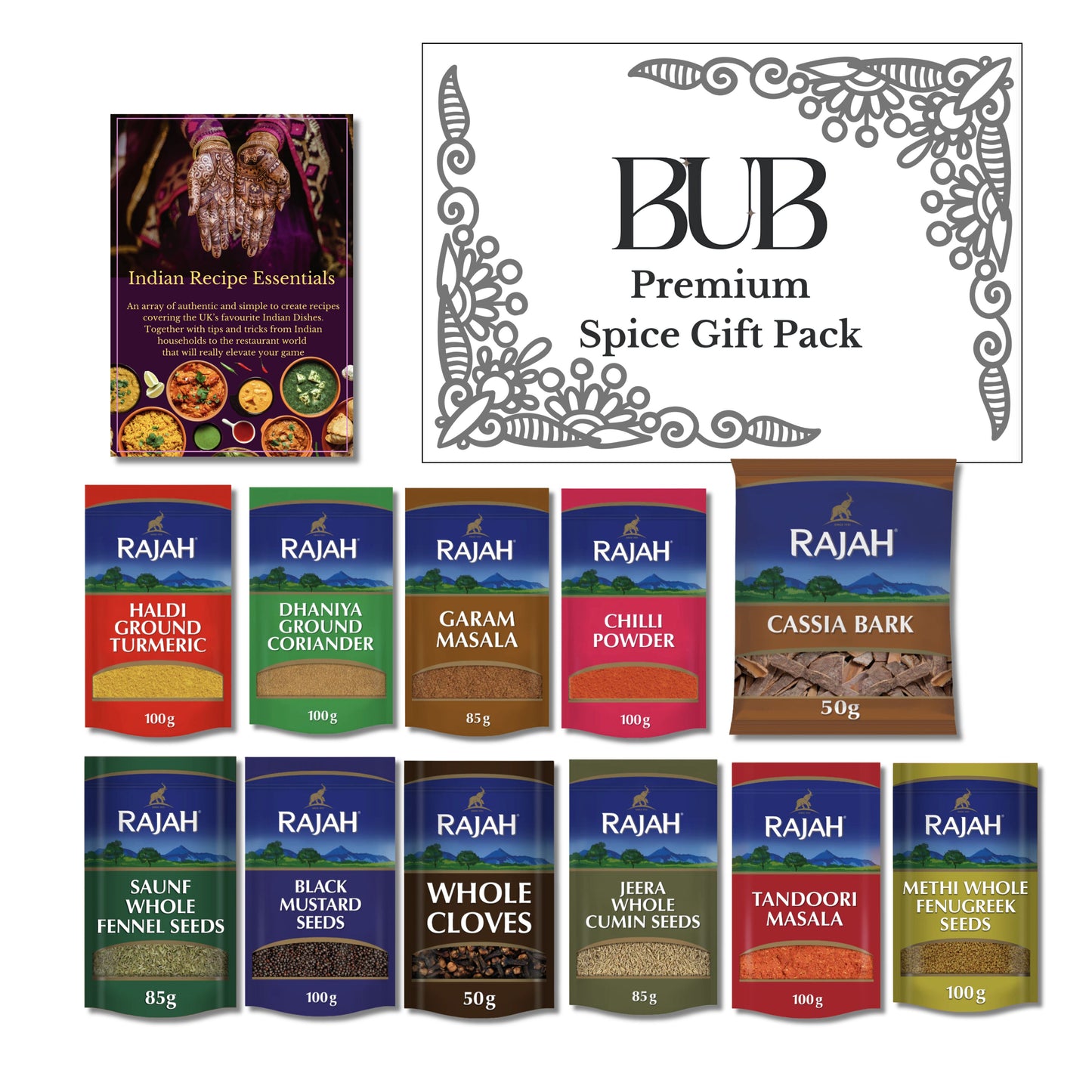 BUB Indian Spices for Cooking Gift Box & Curry Kit - Indian Essentials Recipe Booklet & Premium Quality Rajah Spices - Spice Tin Refill Kit