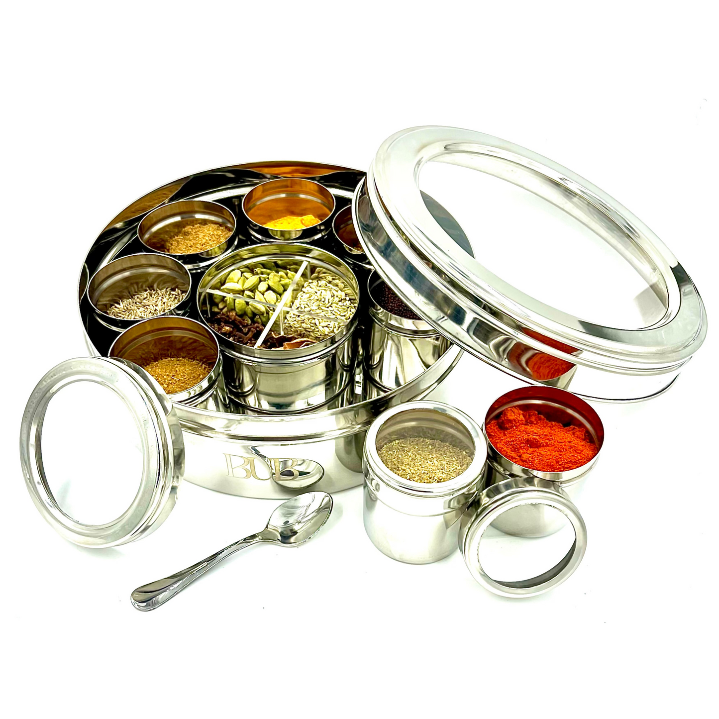 BUB 22cm Premium Stainless Steel Masala Dabba Spice Tin — Organise Up to 12 Spices with Airtight Lids
