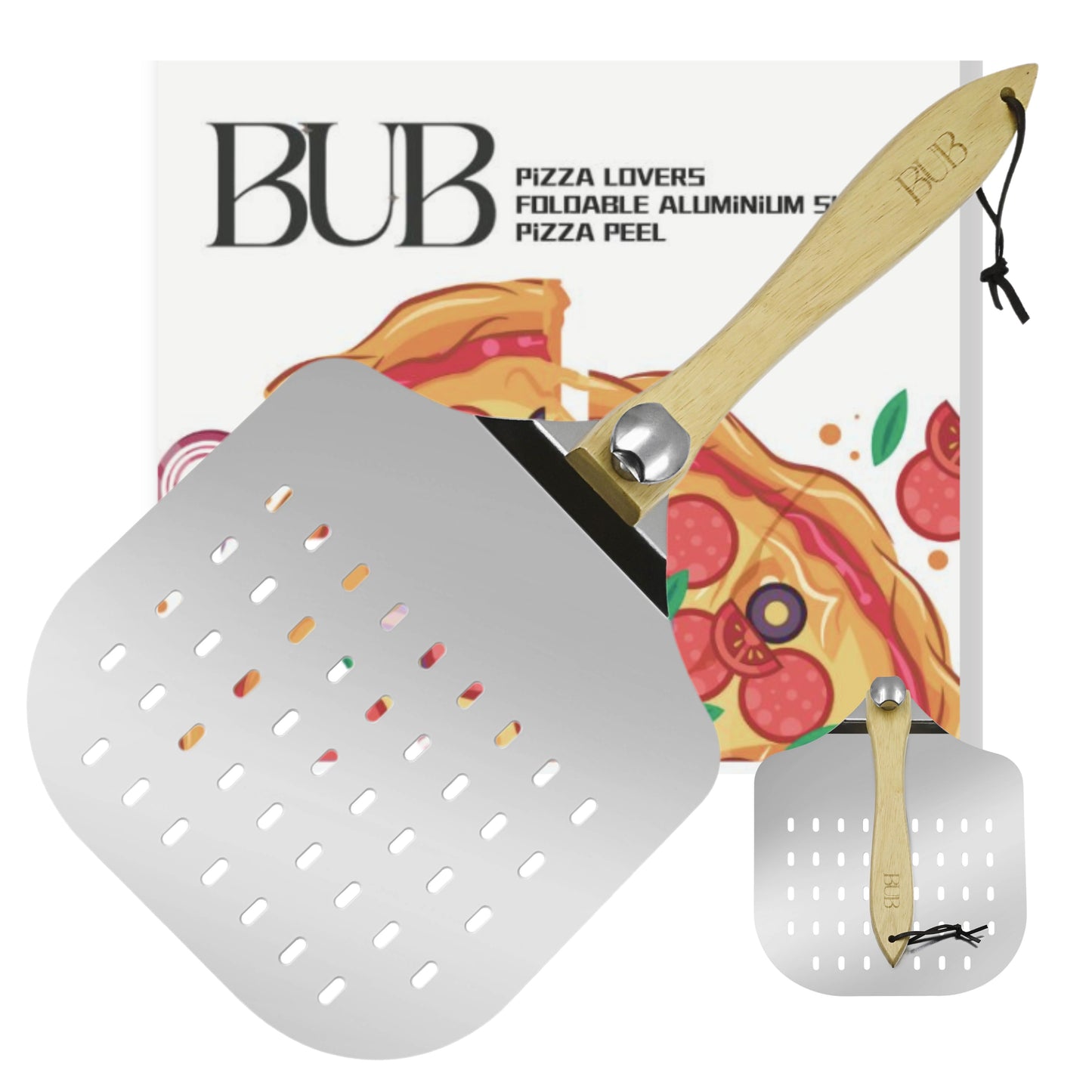 12 Inch Perforated Aluminium Pizza Peel — Foldable Wooden Handle for Home & Pizza Ovens