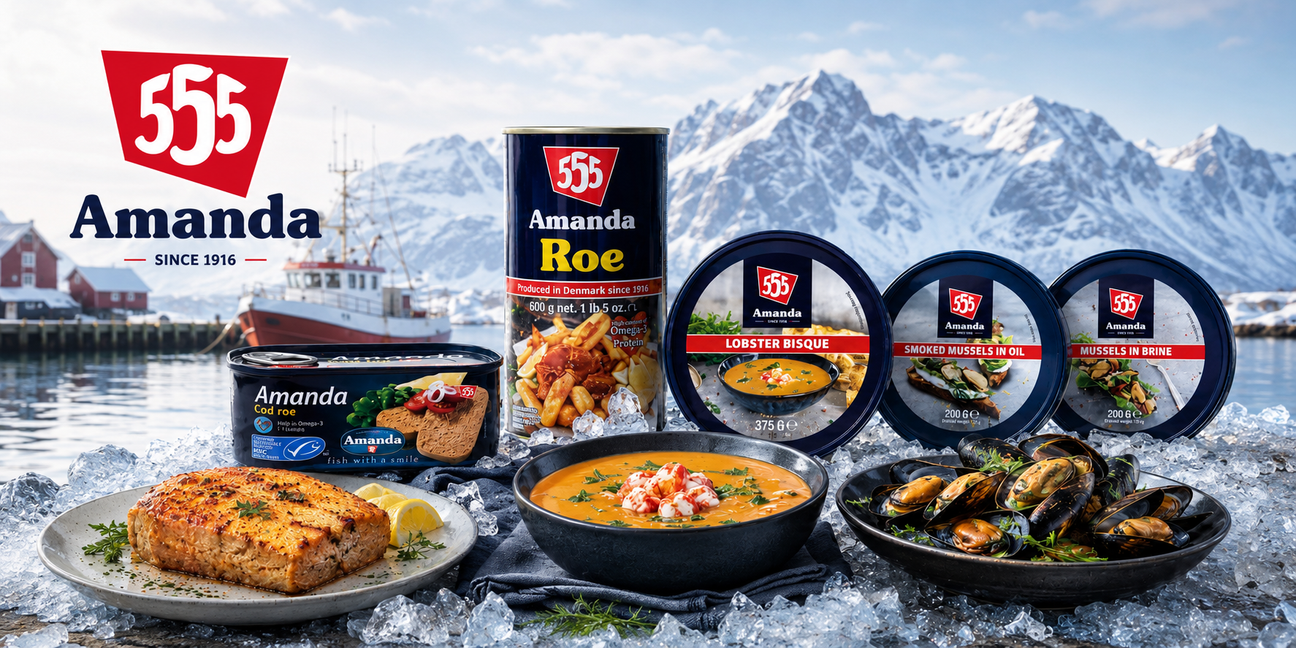 555 Amanda seafood range featuring lobster bisque, cod roe, mussels and roe tins on ice with a Nordic coastal background.