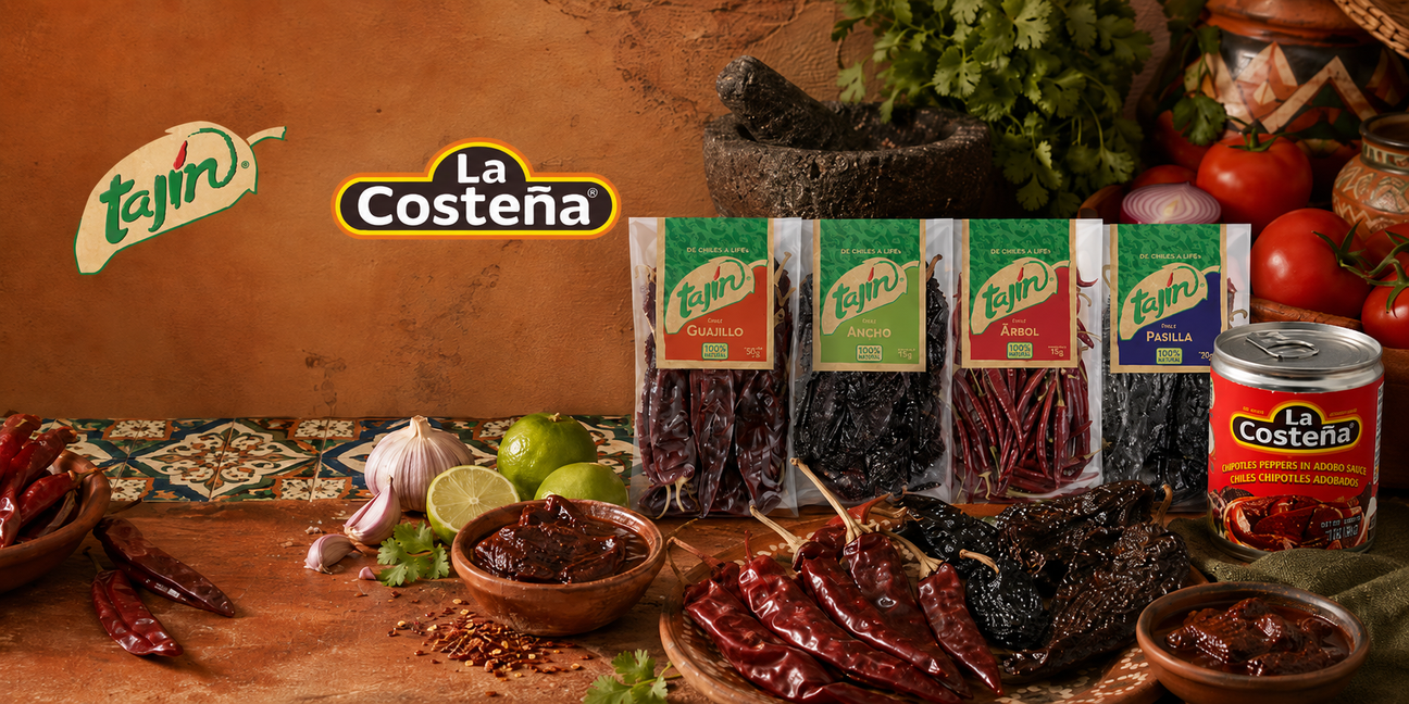 Tajín and La Costeña collection banner with dried Mexican chillies, chipotle peppers in adobo sauce, garlic, lime and authentic Mexican ingredients.