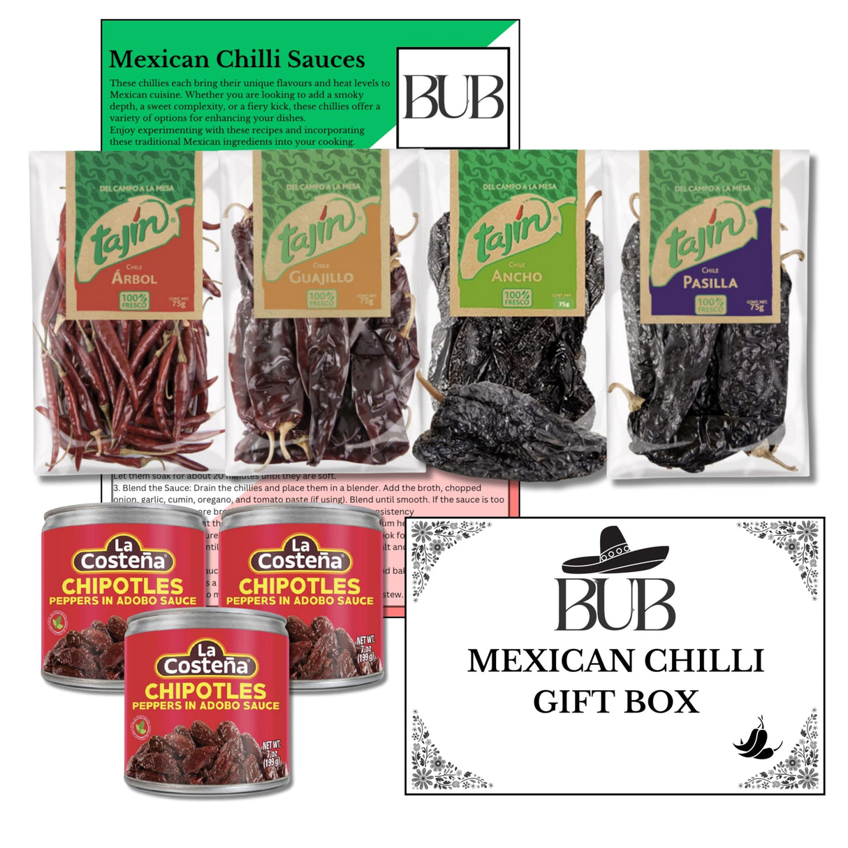 BUB Mexican Dried Chillies & Spice Gift Set – Tajín Pasilla, Guajillo, Arbol, Ancho Chillies, Chamoy & Classico Tajin Seasoning – Perfect for Mexican Cooking, Drinks & Desserts – With Recipe Guide (6)
