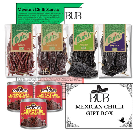 BUB Mexican Dried Chillies & Spice Gift Set – Tajín Pasilla, Guajillo, Arbol, Ancho Chillies, Chamoy & Classico Tajin Seasoning – Perfect for Mexican Cooking, Drinks & Desserts – With Recipe Guide (6)