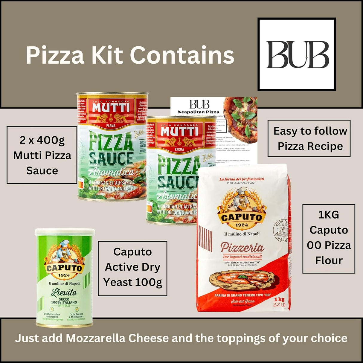 BUB Pizza Making Kit Gift Pack: Make Authentic Neapolitan Pizza Dough at Home - Includes Caputo 00 Flour Caputo Yeast Mutti Pizza Sauce & an Easy to Follow Recipe - 5 Item Pizza Kit