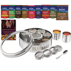 Masala Dabba Gift Set 22cm | Indian Spice Tin with Rajah Spices & Recipe Book - BUB BRANDS