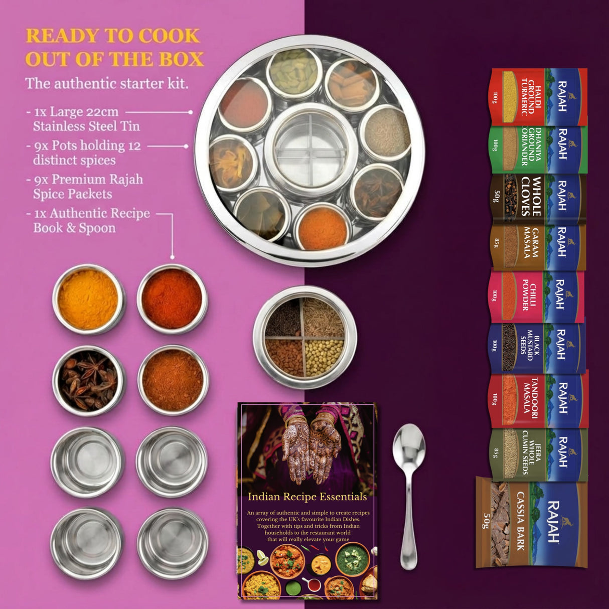Masala Dabba Gift Set 22cm | Indian Spice Tin with Rajah Spices & Recipe Book - BUB BRANDS