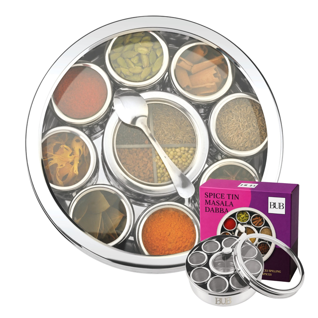 BUB Premium Masala Dabba 22cm | Stainless Steel Indian Spice Tin with 9 Pots, Airtight Lids & Spoon