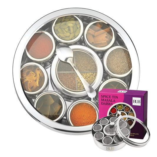 BUB Premium Masala Dabba 22cm | Stainless Steel Indian Spice Tin with 9 Pots, Airtight Lids & Spoon