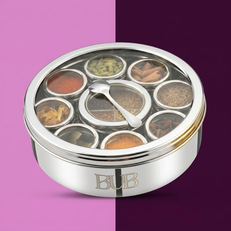 BUB Premium Masala Dabba 22cm | Stainless Steel Indian Spice Tin with 9 Pots, Airtight Lids & Spoon