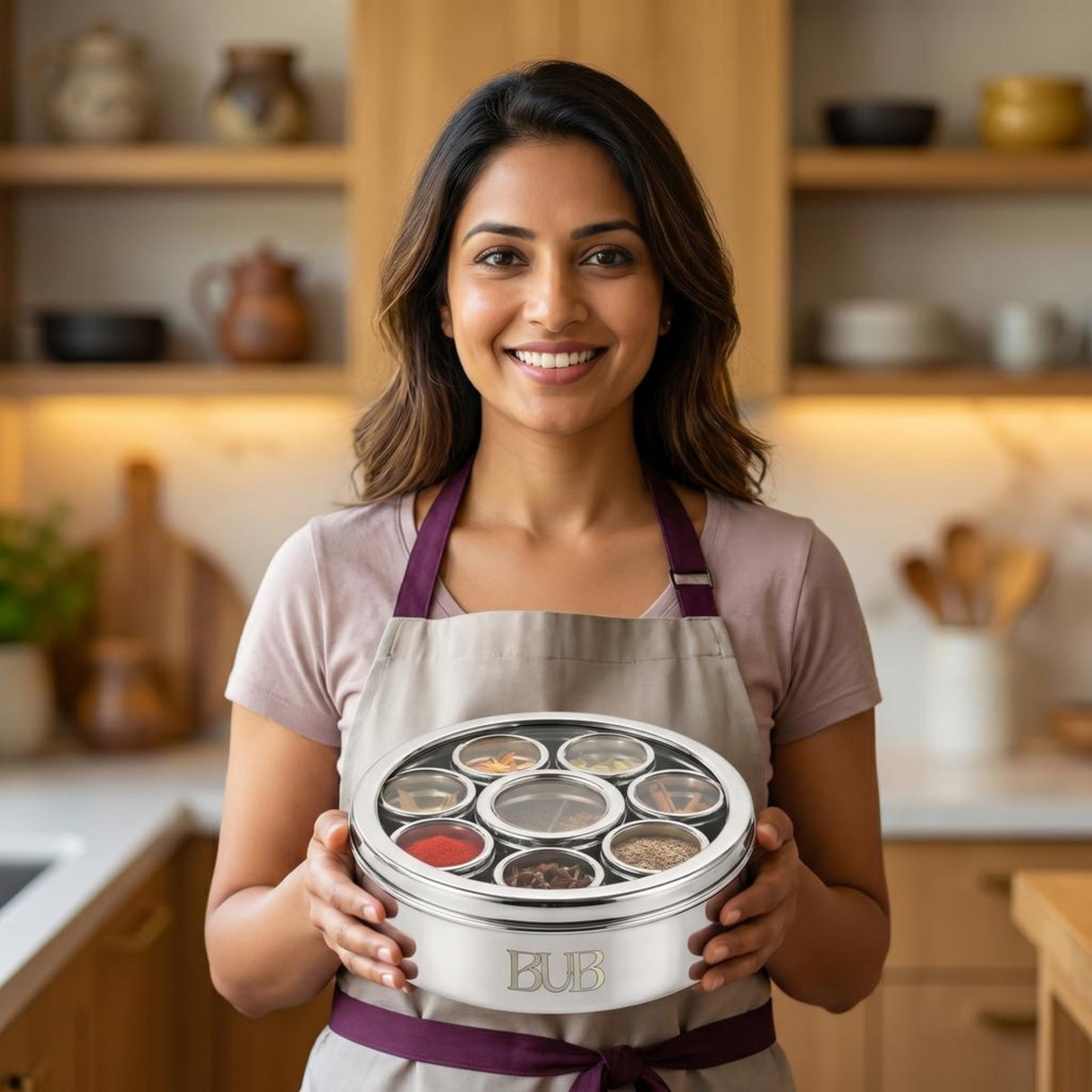 BUB Premium Masala Dabba 22cm | Stainless Steel Indian Spice Tin with 9 Pots, Airtight Lids & Spoon