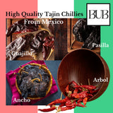 BUB Mexican Dried Chillies 4 Pack: Tajin Ancho, Guajillo, Passila & Arbol Chillies+ Recipe Guide