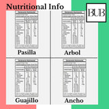 BUB Mexican Dried Chillies 4 Pack: Tajin Ancho, Guajillo, Passila & Arbol Chillies+ Recipe Guide