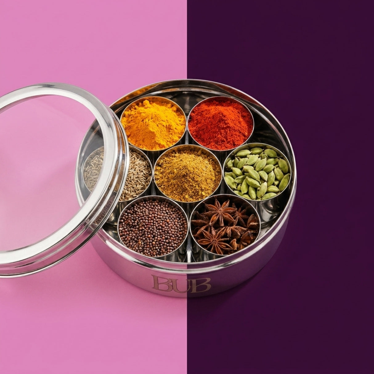 BUB Masala Dabba 18.5cm | Stainless Steel Indian Spice Tin with 7 Pots, Clear Lid & Spoon