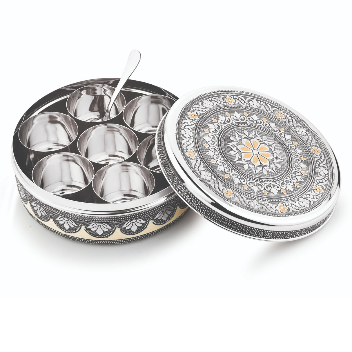 BUB Designer Masala Dabba 22.5cm | Handmade Meenakari Stainless Steel Indian Spice Tin with 7 Pots & Spoon