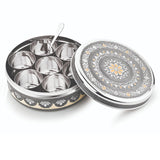 BUB Designer Masala Dabba 22.5cm | Handmade Meenakari Stainless Steel Indian Spice Tin with 7 Pots & Spoon